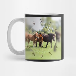 Three horses on pasture looking at camera Mug